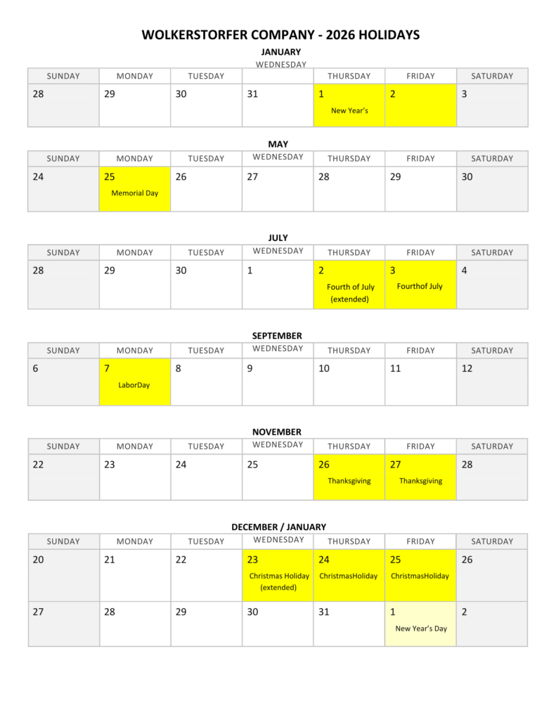 Wolkerstorfer 2026 COMPANY HOLIDAYS